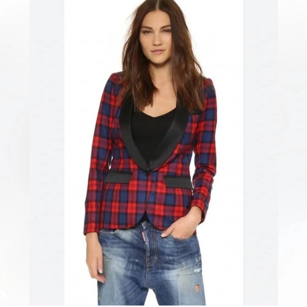 SMYTHE Plaid Blazer — Red/Navy Tartan Satin Lapel